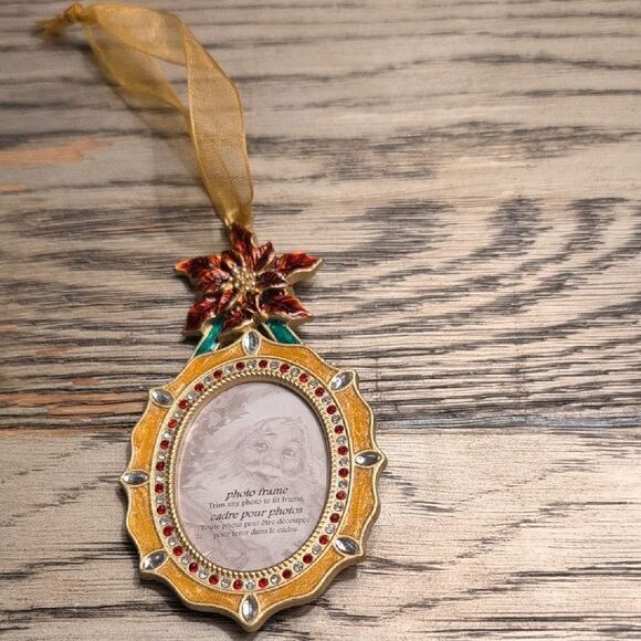 Gold & Red Enamel Metal Rhinestone Christmas Poinsettia Ornament Picture Frame - Picture 7 of 7